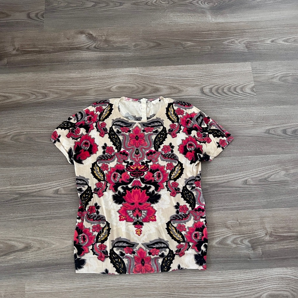J. Crew Red, Off White, Red and Black Graphic Short Sleeve Crew Sweater